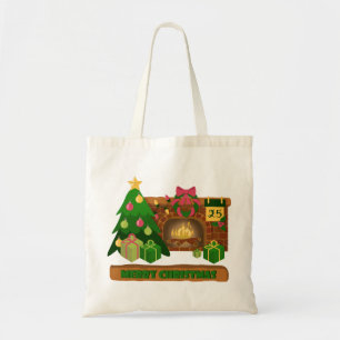 Bolsa Tote Feliz Natal perto da lareira fogueira árvore de na