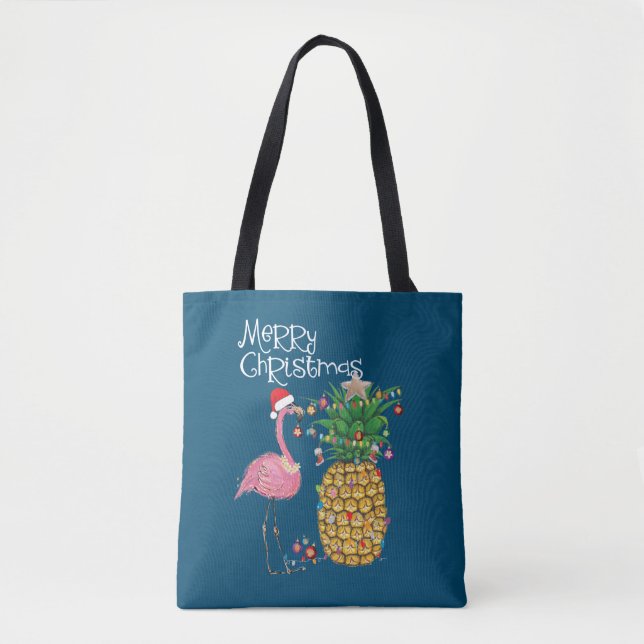 Bolsa Tote Feliz Natal Pink Flamingo Natal (Frente)