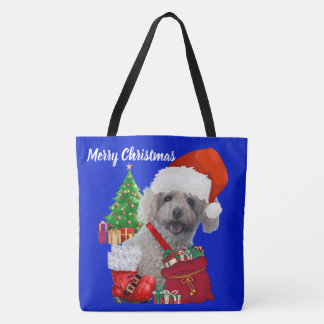 Bolsa Tote Feliz Natal Poodle Azul Damas Ombro
