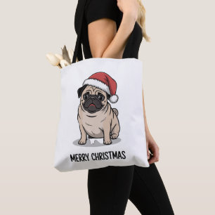 Bolsa Tote Feliz Natal Pug Cachorro Chapéu de Papai Noel Temp