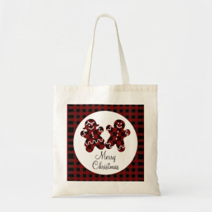 Bolsa Tote Feliz Natal, Red & Black Xadrez Gingerbread