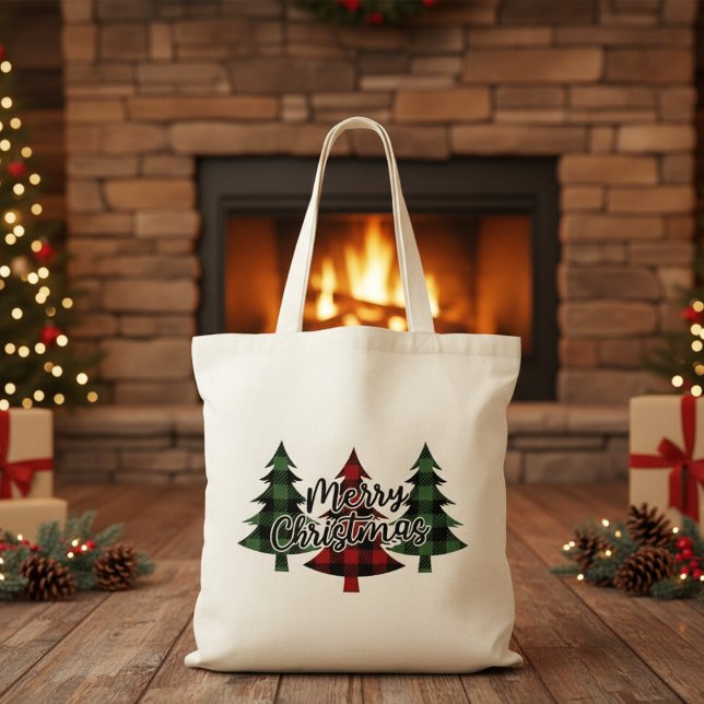 Bolsa Tote Feliz Natal Red e Xadrezes de Buffalo Verde (Merry Christmas Red and Green Buffalo Plaid Trees Tote Bag)