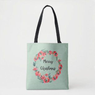 Bolsa Tote Feliz Natal Red Floral Watercolor Wreath