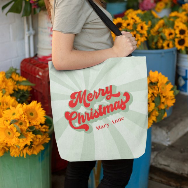 Bolsa Tote Feliz Natal Red Green - Script de Caligrafia (Merry Christmas retro style red and green tote bag)