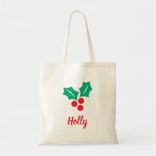 Bolsa Tote Feliz Natal Red White Holly Nome Personalizado de 