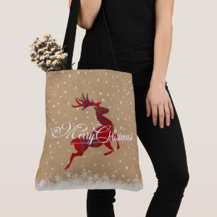 Bolsa Tote Feliz Natal Reindeer Kraft & Tartan Red ID590