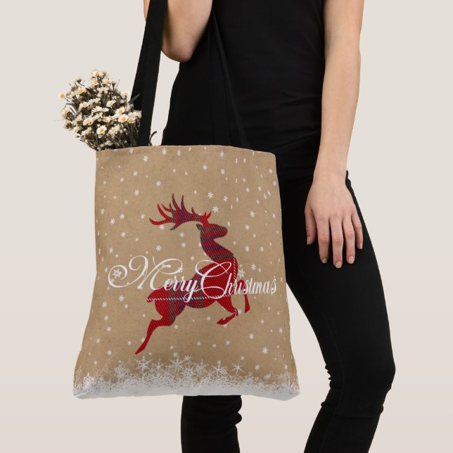 Bolsa Tote Feliz Natal Reindeer Kraft & Tartan Red ID590 (Close Up)