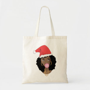 Bolsa Tote Feliz Natal Santa Hat, Mulher Negra, Bubblegum