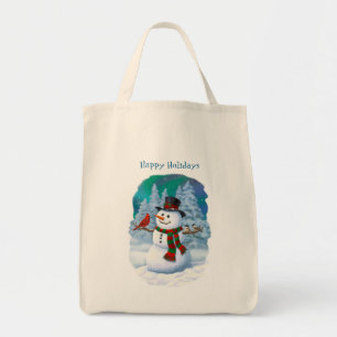Bolsa Tote Feliz Natal Snowman e Birds, cena de inverno