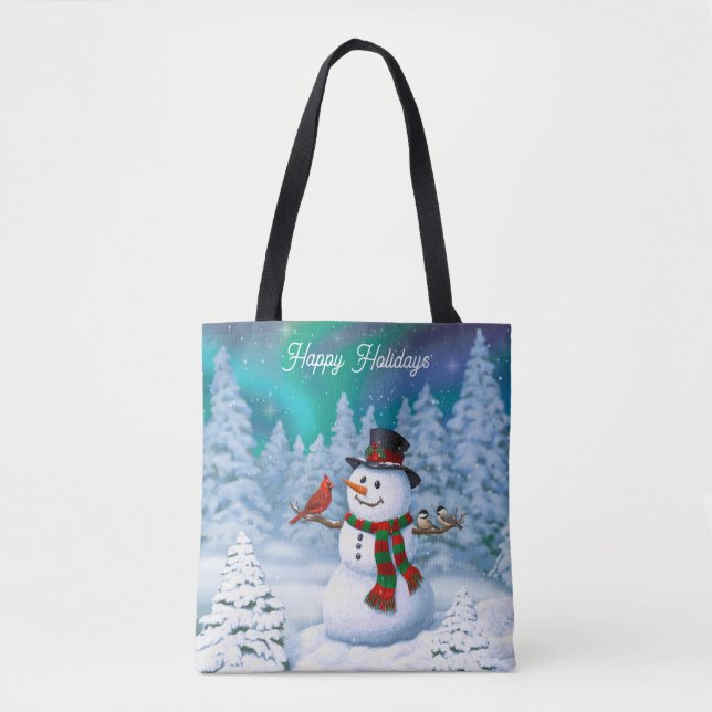 Bolsa Tote Feliz Natal Snowman e Birds Cena de Inverno (Frente)