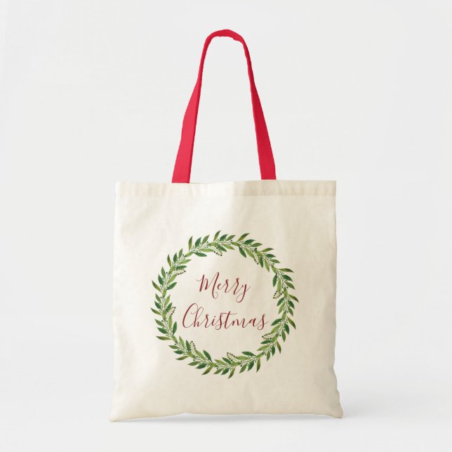 Bolsa Tote Feliz Natal Watercolor Wreath (Frente)