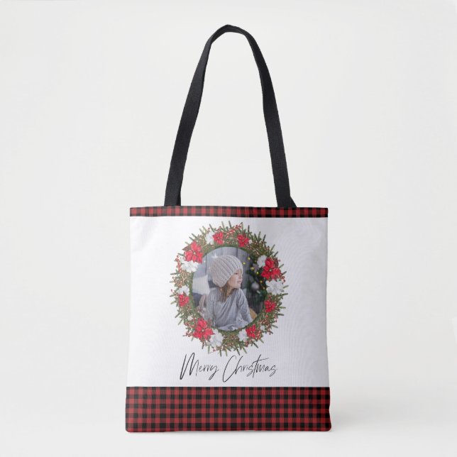 Bolsa Tote Feliz Natal Wreath Red Paid com Foto (Frente)
