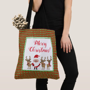 Bolsa Tote Feliz Natal Xadrez Vermelho Verde Papai Noel