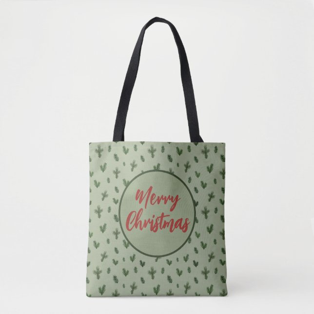 Bolsa Tote feliz padrão verde de natal (Frente)