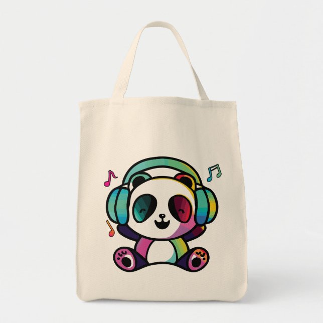 Bolsa Tote Feliz Panda com fones de ouvido ouvindo música. (Frente)