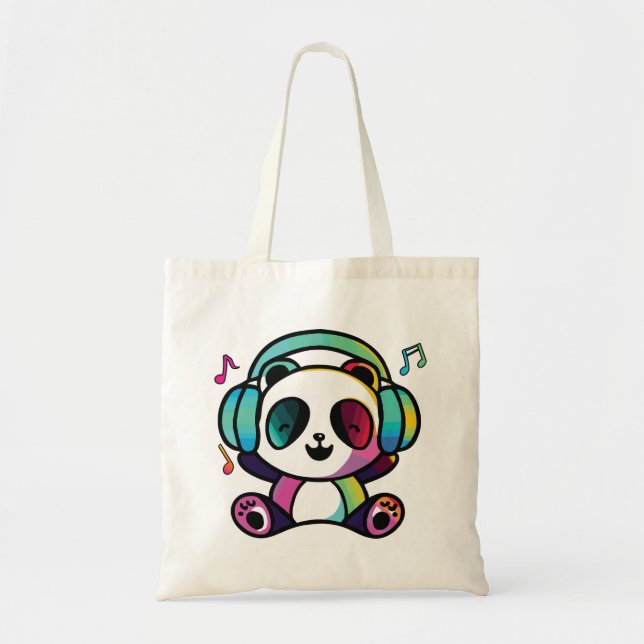 Bolsa Tote Feliz Panda com fones de ouvido ouvindo música. (Frente)