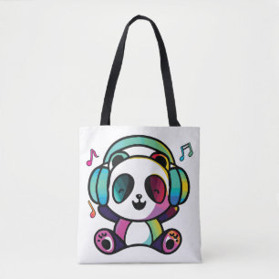 Bolsa Tote Feliz Panda com fones de ouvido ouvindo música.