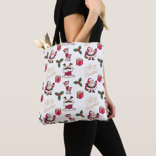 Bolsa Tote Feliz Papais noeis de Natal Reindeer Gifts Holly