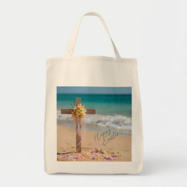 Bolsa Tote Feliz Páscoa Cruz de Madeira com Lírios na Praia