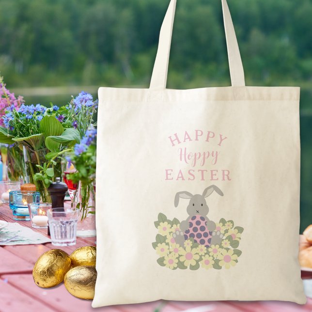 Bolsa Tote Feliz Páscoa de Hoppy Coelhinho (Happy hoppy easter egg hunt cute bunny spring daisy floral pink tote bag)