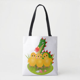 Bolsa Tote Feliz Páscoa de três pintinhos e Dragão de Mons