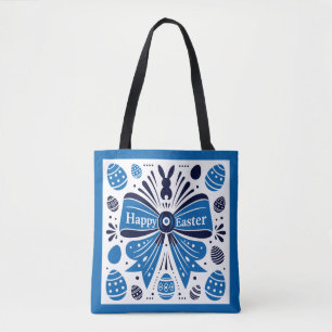Bolsa Tote Feliz Páscoa Laço Azul Arte Popular Coelho & Ovos