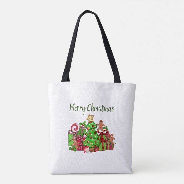 Bolsa Tote Feliz Presente De Natal Em Torno Da Árvore (Verso)