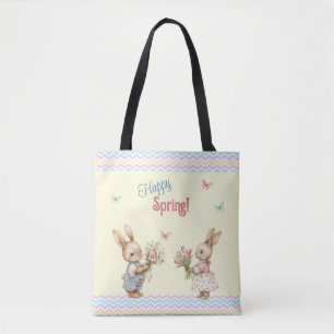 Bolsa Tote Feliz Primavera! Coelho de Garota com Flores