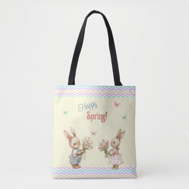 Bolsa Tote Feliz Primavera! Coelho de Garota com Flores (Frente)