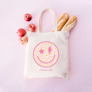 Bolsa Tote Feliz rosto Pastel Rosa Daisy Tote Bag para ela