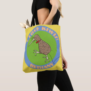 Bolsa Tote Feliz salto de kiwi com desenho gravado em arco