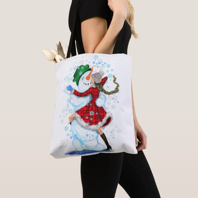 Bolsa Tote Feliz Snowman e Girl Dance Tango Festa de Natal (Close Up)