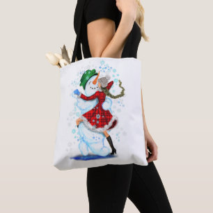 Bolsa Tote Feliz Snowman e Girl Dance Tango Natal - Divertido