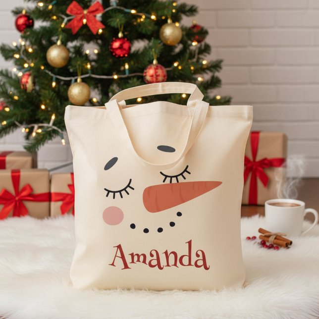 Bolsa Tote Feliz Snowman Face Personalizado Nome Feriado (Happy Snowman Face Personalized Name Holiday Tote Bag - Just Add Your Name!)