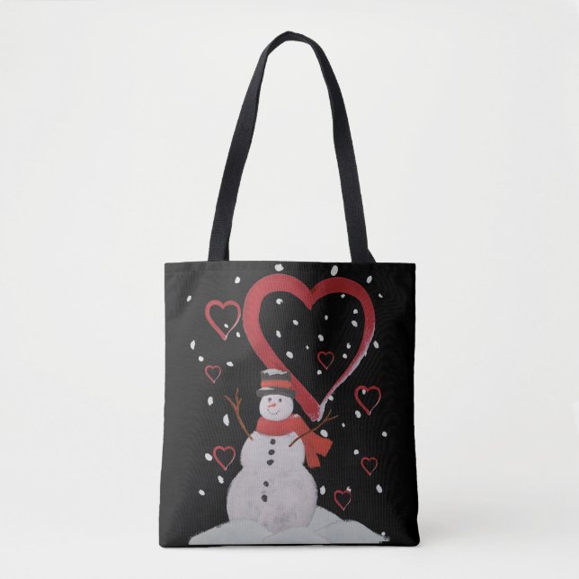 Bolsa Tote Feliz Snowman na neve com corações. (Frente)