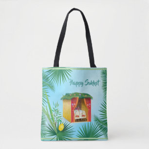 Bolsa Tote Feliz Sukkot Lulav e Etrog Watercolor Padrão