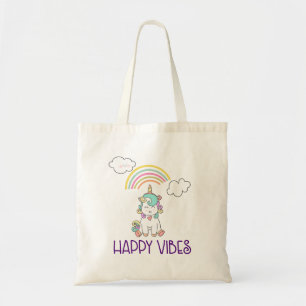 Bolsa Tote Feliz Vibes Tipografia Fofo Sorrindo Unicórnio