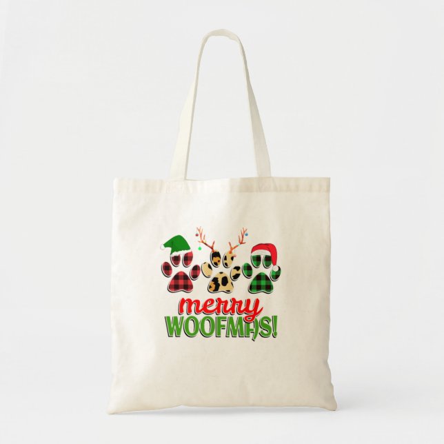 Bolsa Tote FELIZ WOOFMAS Cachorro Pata de Natal Buffalo (Frente)