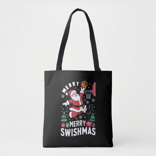 Bolsa Tote Felizes de natal suíços jogando basquete (Frente)
