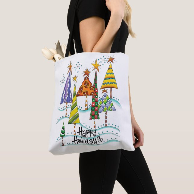 Bolsa Tote Felizes Festas! Árvores de Natal Fofo com Estrelas (Close Up)
