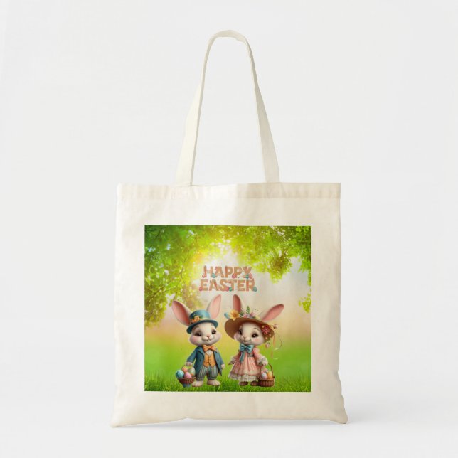 Bolsa Tote Felz pascoa branco, com 2 coelhos (Frente)