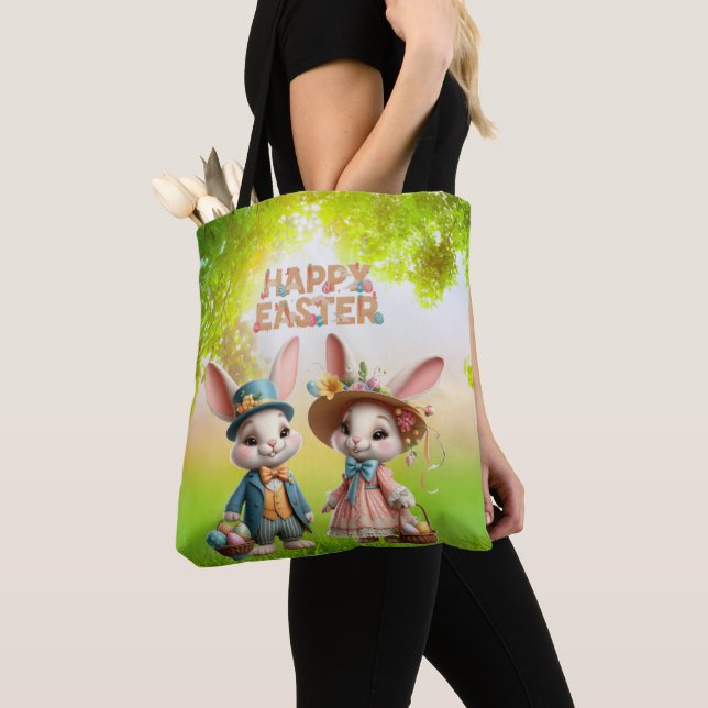 Bolsa Tote Felz pascoa branco, com 2 coelhos (Close Up)