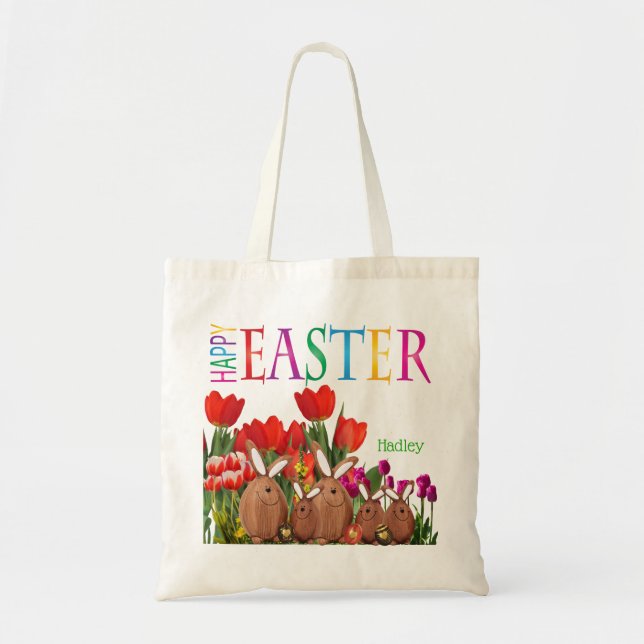 Bolsa Tote Felz pascoa Bunnies com Tulipas (Frente)