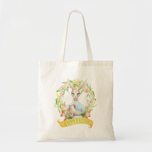 Bolsa Tote Felz pascoa Bunny e Tulip Wreath (Frente)