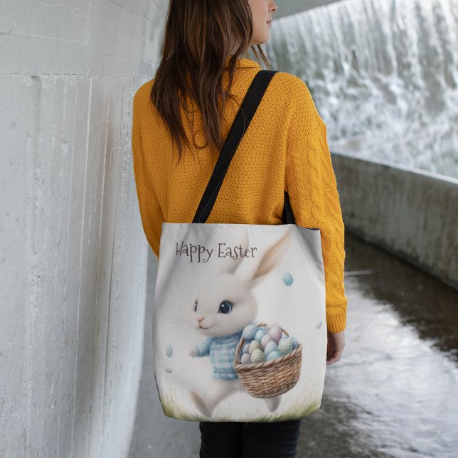 Bolsa Tote Felz pascoa, coelho da Páscoa andando com ovos (Criador carregado)