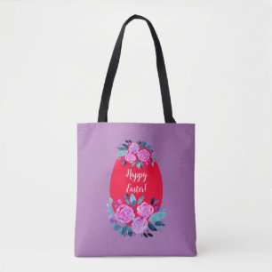 Bolsa Tote Felz pascoa de aquarela, ovo vermelho floral