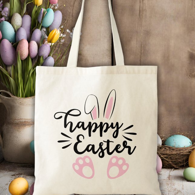 Bolsa Tote Felz pascoa de coelhos e pés bonitos (Cute Bunny Ears and Feet Happy Easter Tote Bag)