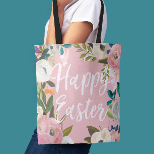 Bolsa Tote Felz pascoa Rosa Floral Caça De Ovos De Páscoa