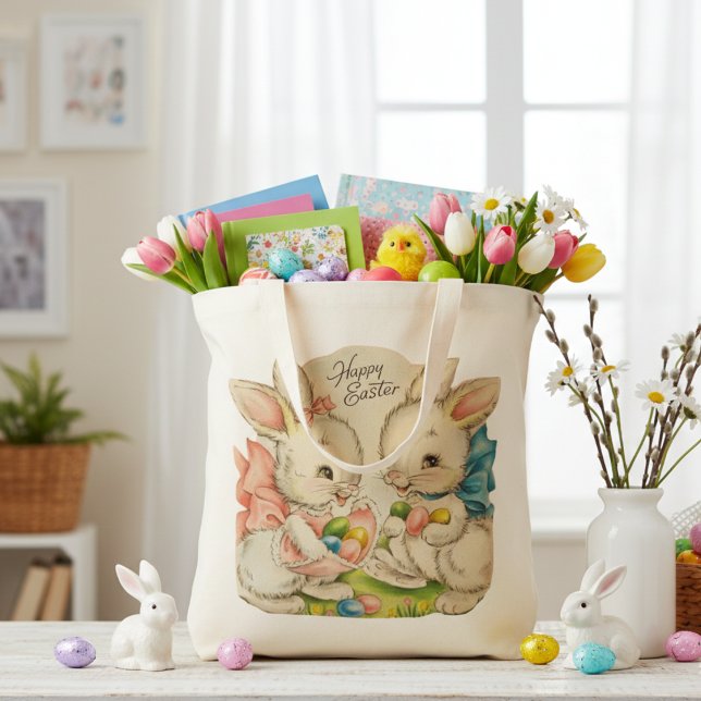Bolsa Tote Felzs pascoa Retro-Cute Bunnies Vintage (Vintage Retro Cute Happy Easter Bunnies Tote Bag)