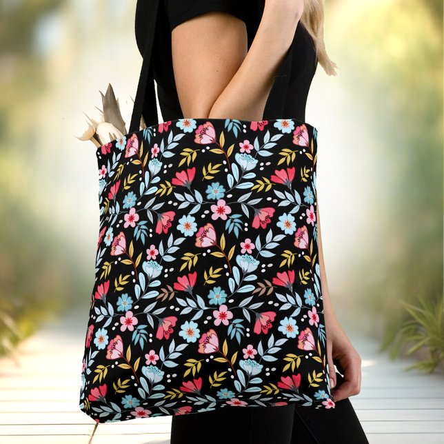 Bolsa Tote Feminina Floral Negra Colorida Verão (Floral Feminine Black Colorful Summer Tote Bag)